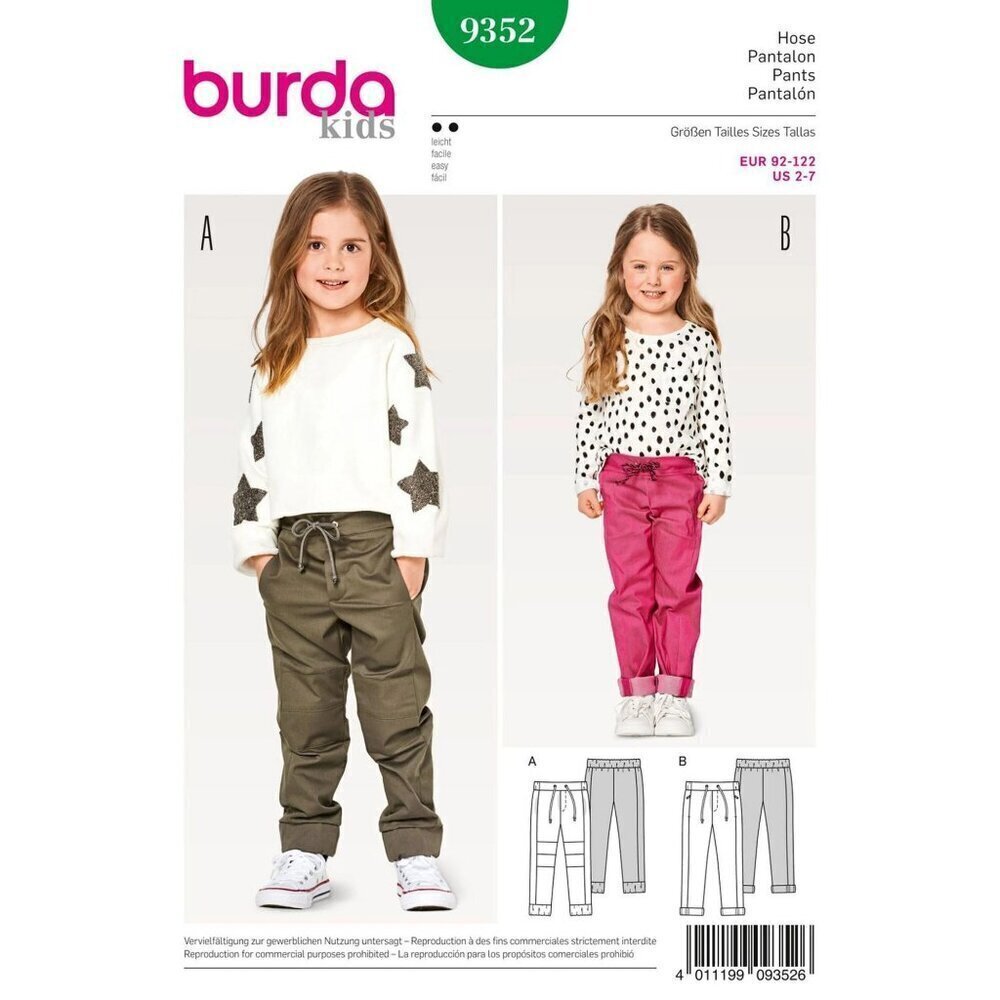 Burda‎ Sewing Pattern 9352 Pants Trousers Childs Size 2-7